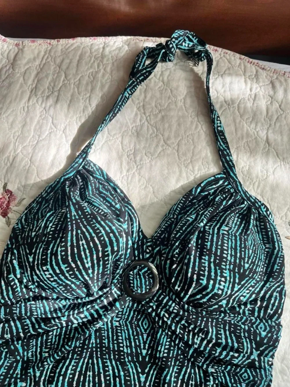 2000s St. John's Bay Teal and Black Patterned Halter Top/Tankini - Picture 5 of 8